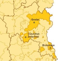 Grafik der Lage von Goslar, Clausthal-Zellerfeld und Braunlage im Landkreis Goslar