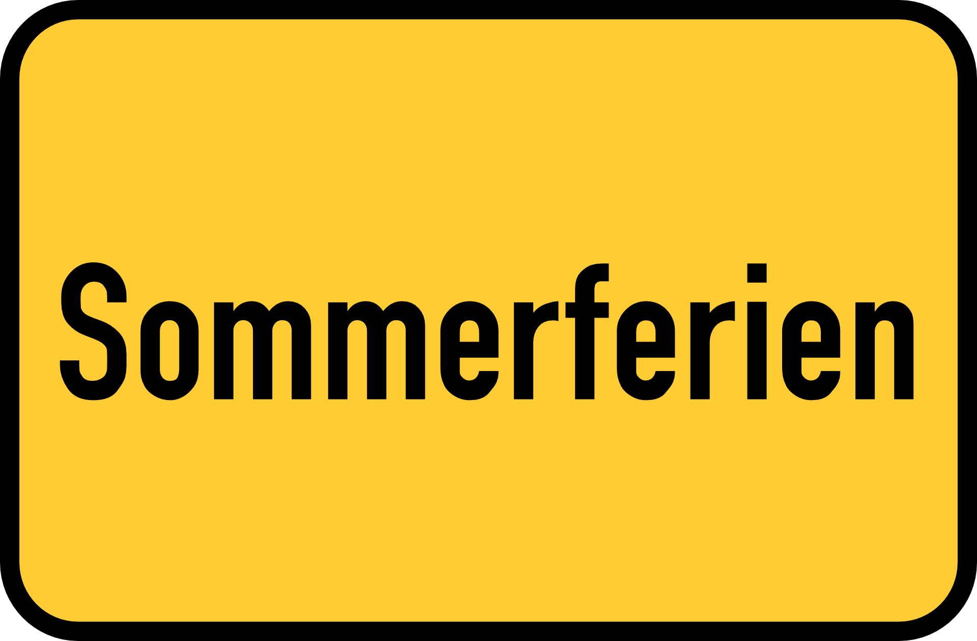 Symbolbild: Grafik eines gelben, schwarzumrandeten "Ortsschilds" mit der schwarzen Aufschrift "Sommerferien"