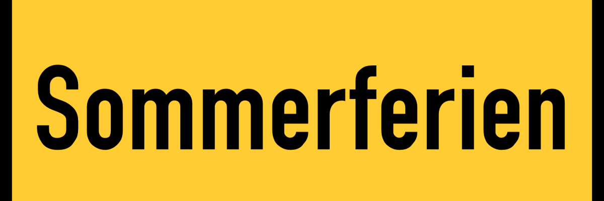 Symbolbild: Grafik eines gelben, schwarzumrandeten "Ortsschilds" mit der schwarzen Aufschrift "Sommerferien"