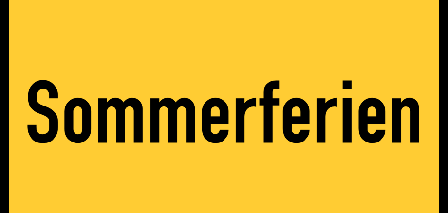 Symbolbild: Grafik eines gelben, schwarzumrandeten "Ortsschilds" mit der schwarzen Aufschrift "Sommerferien"